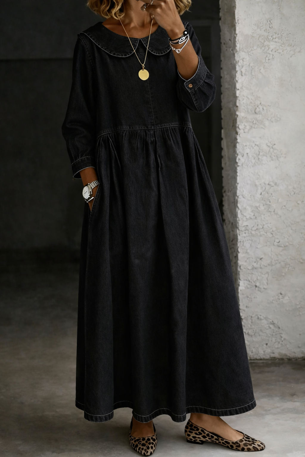 Femme Robe Maxi en Jean col Claudine Manches Longues avec Poches et Fronces