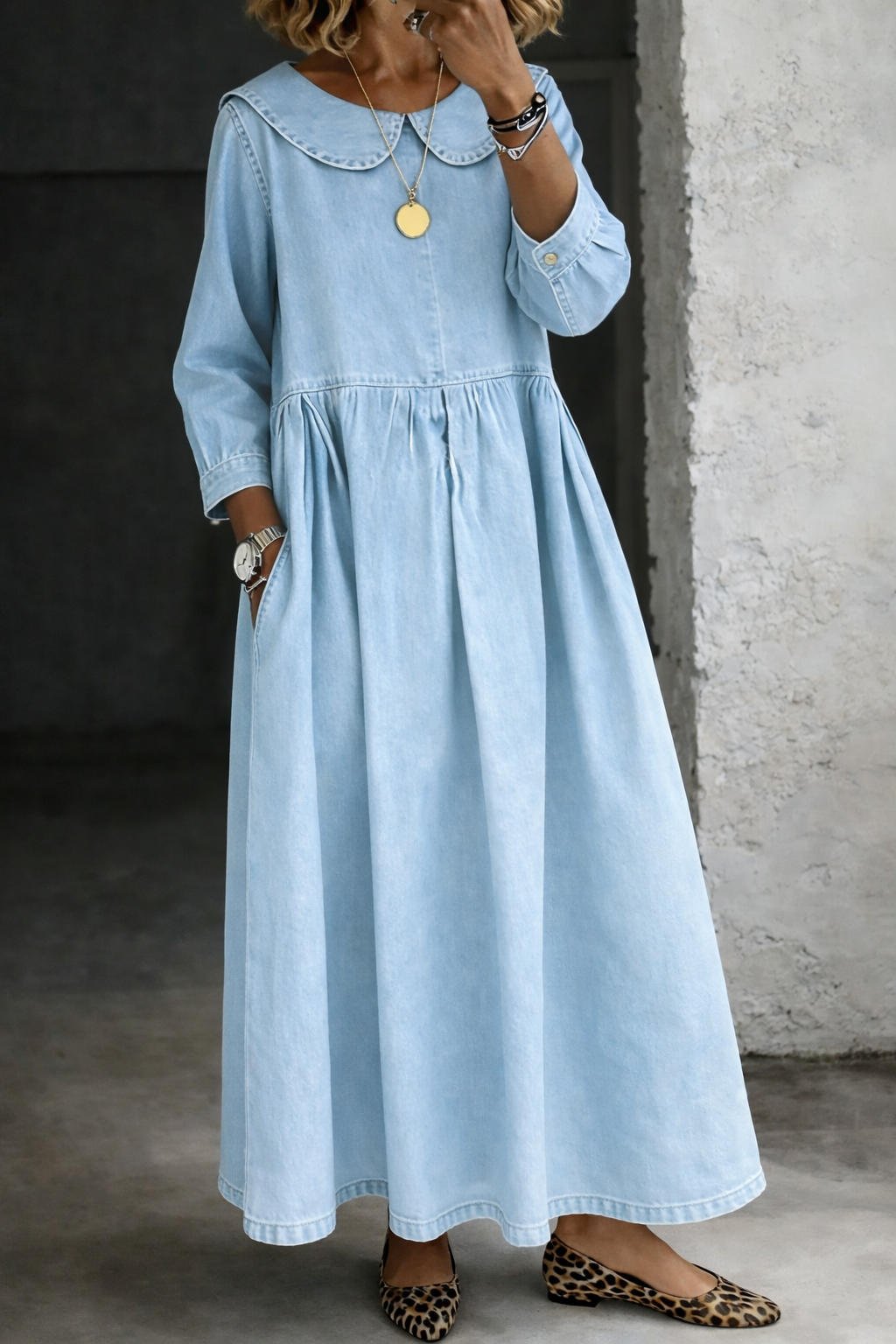 Femme Robe Maxi en Jean col Claudine Manches Longues avec Poches et Fronces