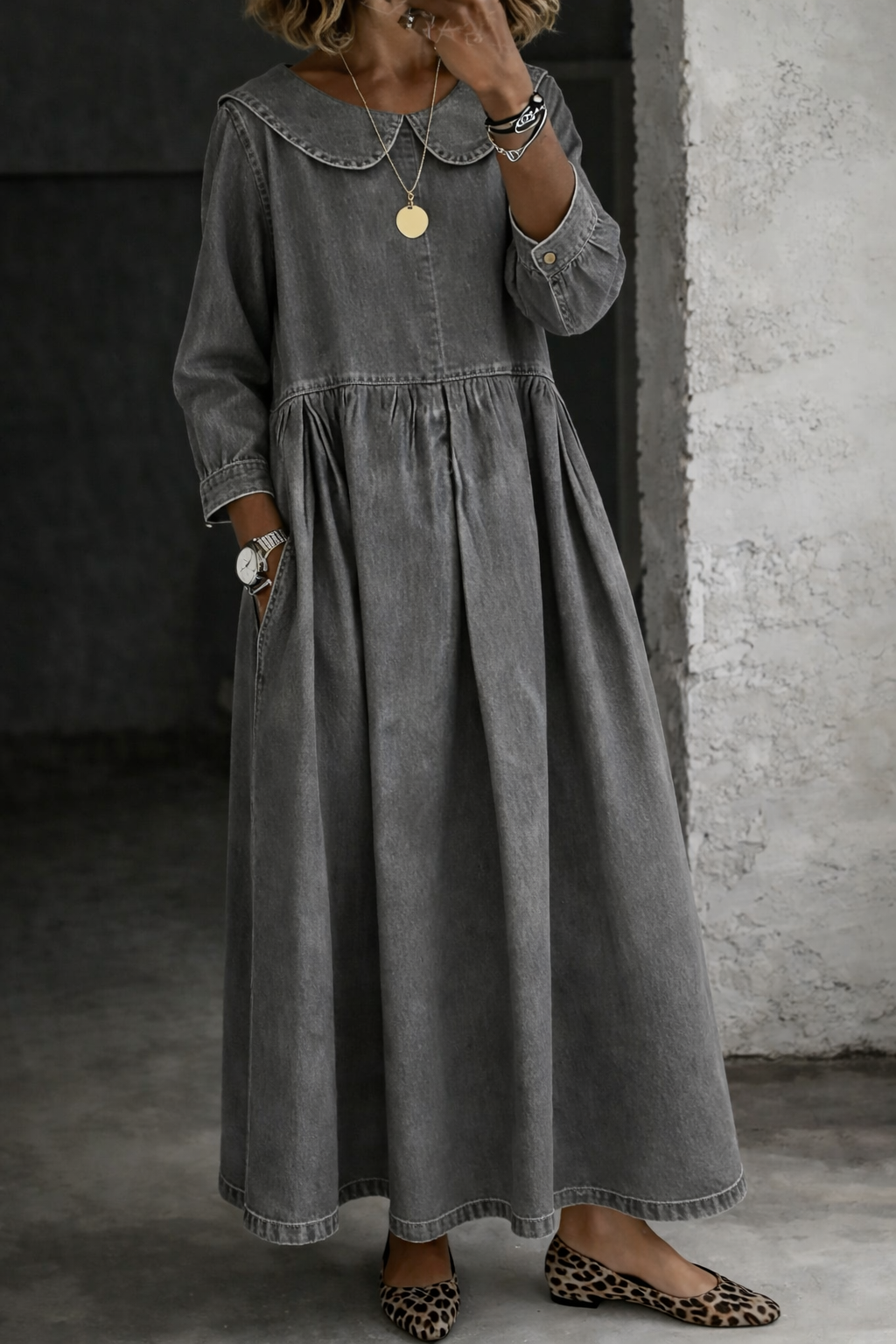 Femme Robe Maxi en Jean col Claudine Manches Longues avec Poches et Fronces