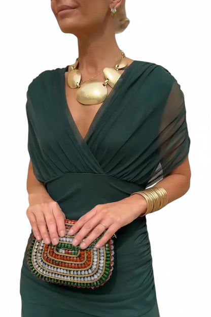 Femme Robe Maxi épaules Dénudées à Col en V et Taille Plissée