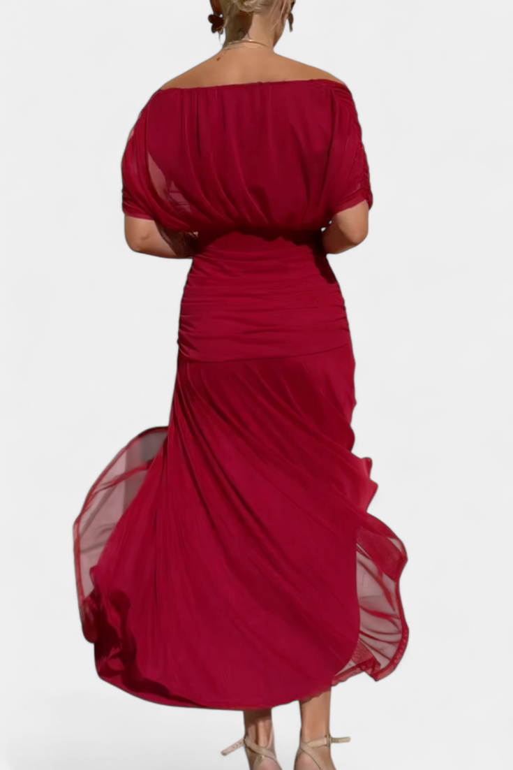 Femme Robe Maxi épaules Dénudées à Col en V et Taille Plissée