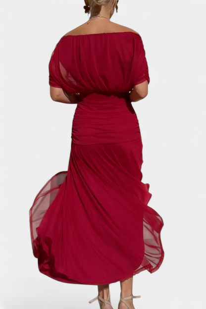 Femme Robe Maxi épaules Dénudées à Col en V et Taille Plissée