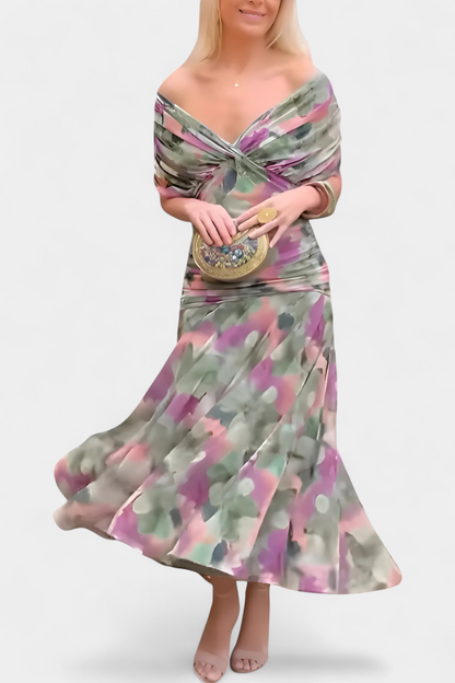 Femme Robe Maxi épaules Dénudées à Col en V et Taille Plissée