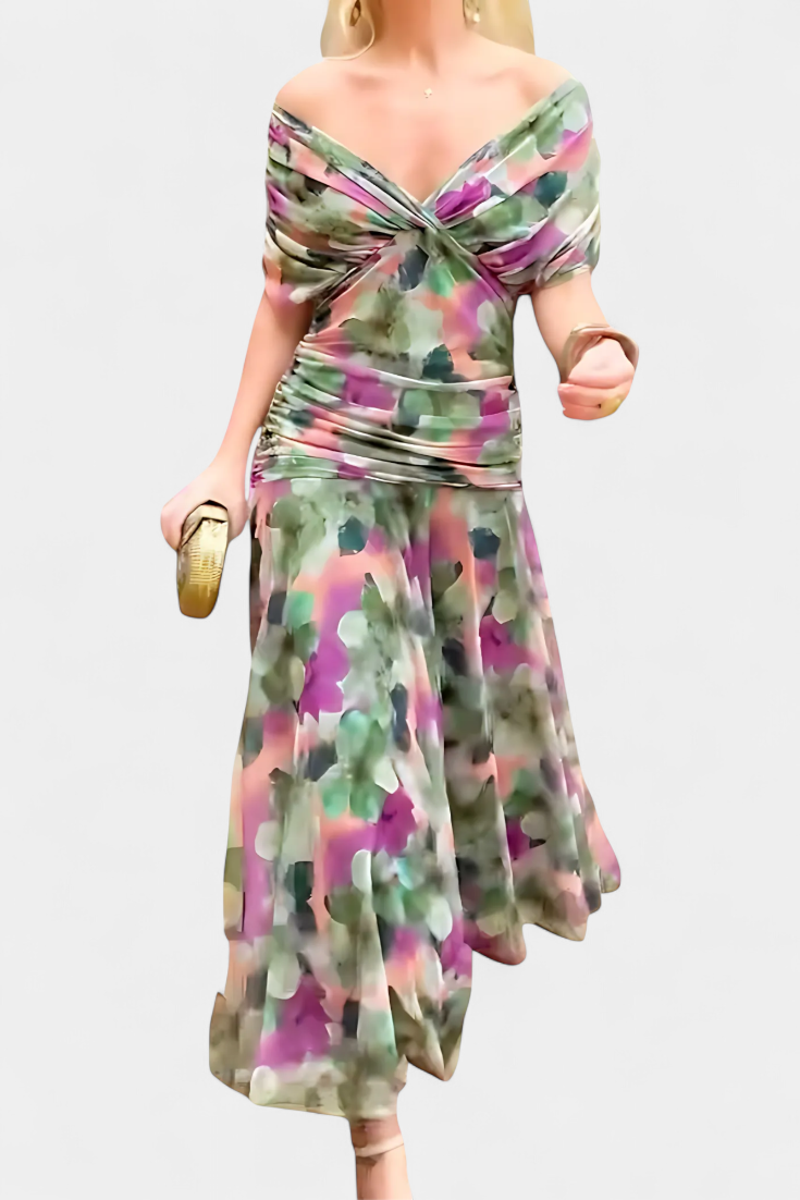 Femme Robe Maxi épaules Dénudées à Col en V et Taille Plissée