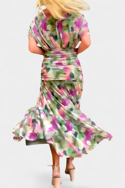 Femme Robe Maxi épaules Dénudées à Col en V et Taille Plissée