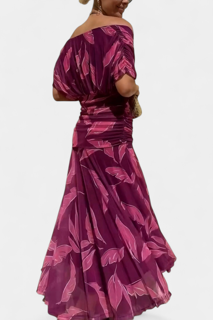 Femme Robe Maxi épaules Dénudées à Col en V et Taille Plissée