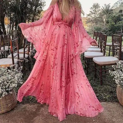 Femme Robe Maxi Fleurie avec Épaules Dénudées et col en V Profond