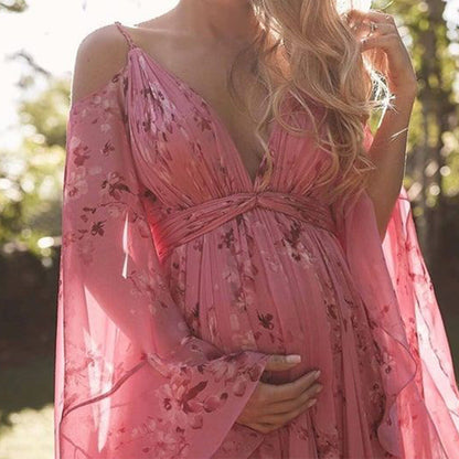 Femme Robe Maxi Fleurie avec Épaules Dénudées et col en V Profond