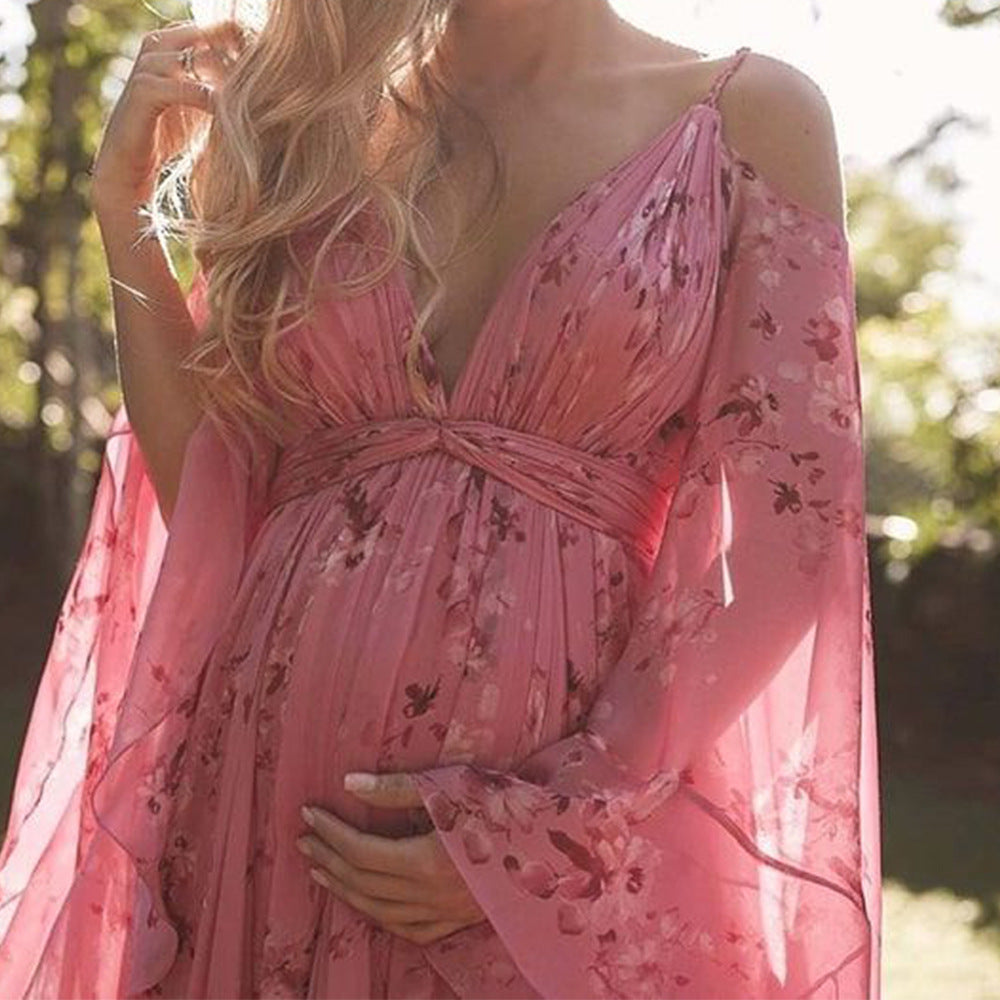 Femme Robe Maxi Fleurie avec Épaules Dénudées et col en V Profond