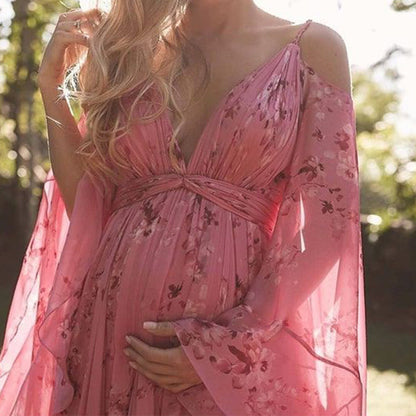 Femme Robe Maxi Fleurie avec Épaules Dénudées et col en V Profond