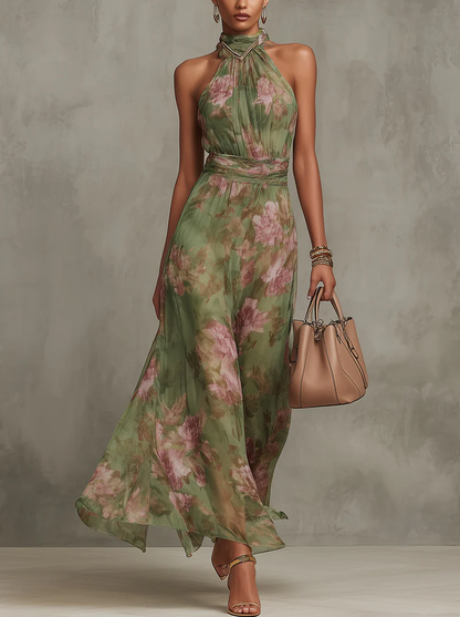 Femme Robe Maxi Fleurie sans Manches avec Col Halter