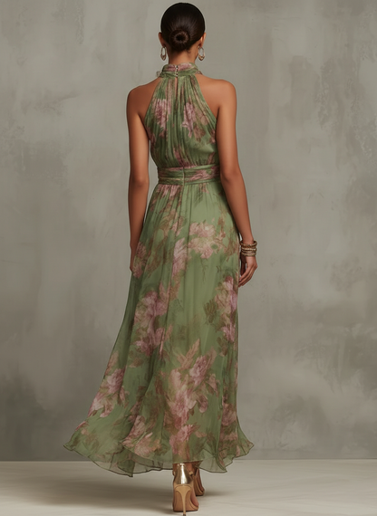 Femme Robe Maxi Fleurie sans Manches avec Col Halter