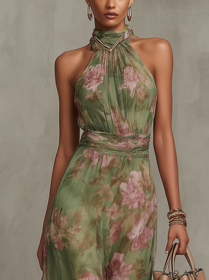 Femme Robe Maxi Fleurie sans Manches avec Col Halter