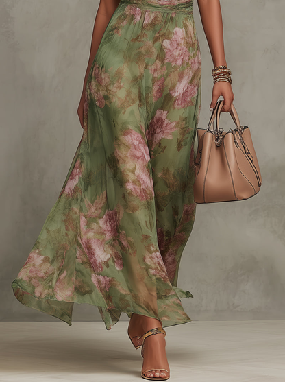 Femme Robe Maxi Fleurie sans Manches avec Col Halter