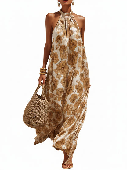 Femme Robe Maxi Fleurie sans Manches col Halter Coupe Ample