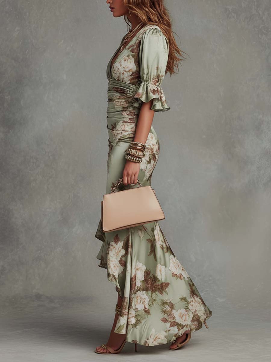 Femme Robe Maxi Florale à Col en V avec Manches Volantées et Fronces