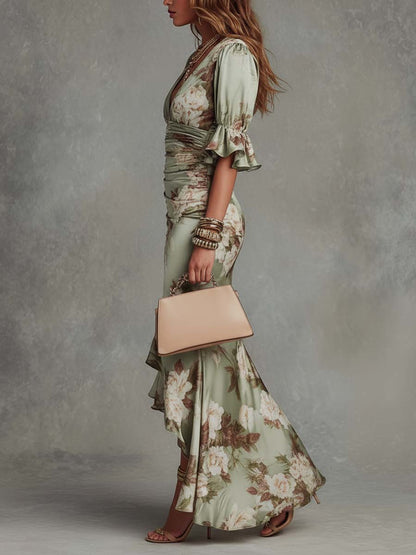 Femme Robe Maxi Florale à Col en V avec Manches Volantées et Fronces