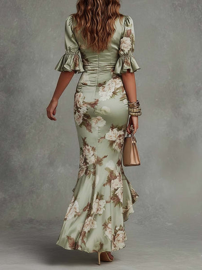 Femme Robe Maxi Florale à Col en V avec Manches Volantées et Fronces