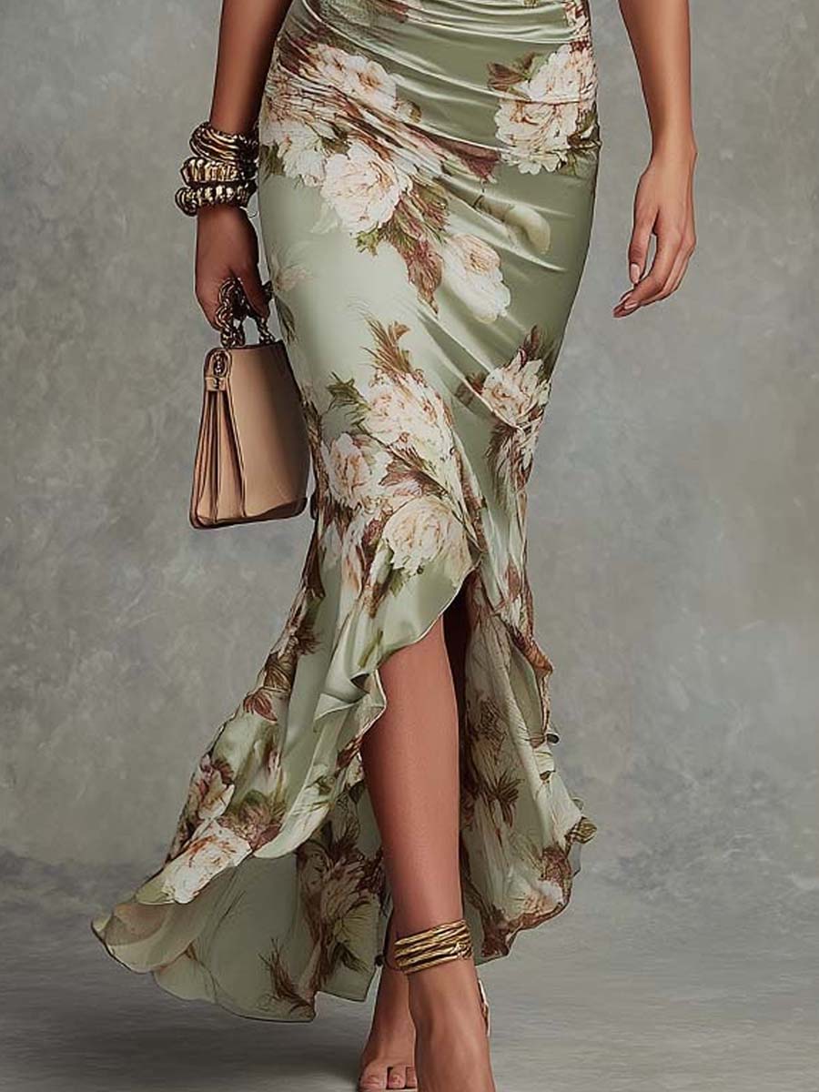 Femme Robe Maxi Florale à Col en V avec Manches Volantées et Fronces