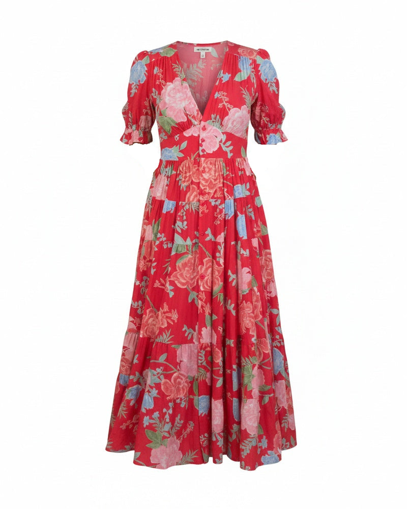 Femme Robe Maxi Florale à Col en V et Manches Bouffantes Courtes avec Poches