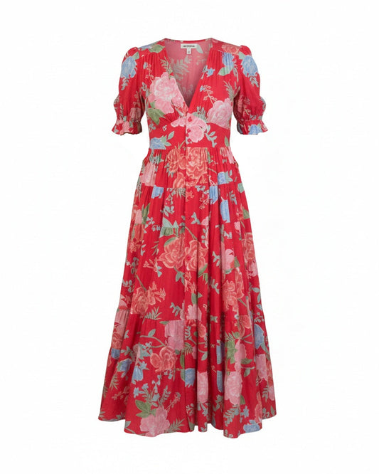 Femme Robe Maxi Florale à Col en V et Manches Bouffantes Courtes avec Poches