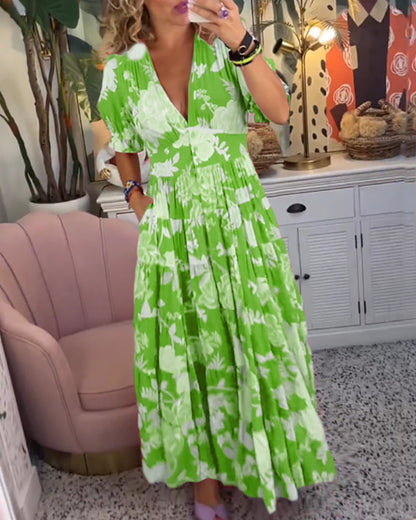 Femme Robe Maxi Florale à Col en V et Manches Bouffantes Courtes avec Poches
