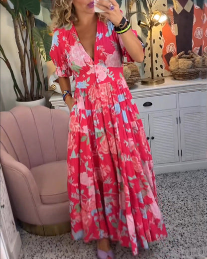 Femme Robe Maxi Florale à Col en V et Manches Bouffantes Courtes avec Poches