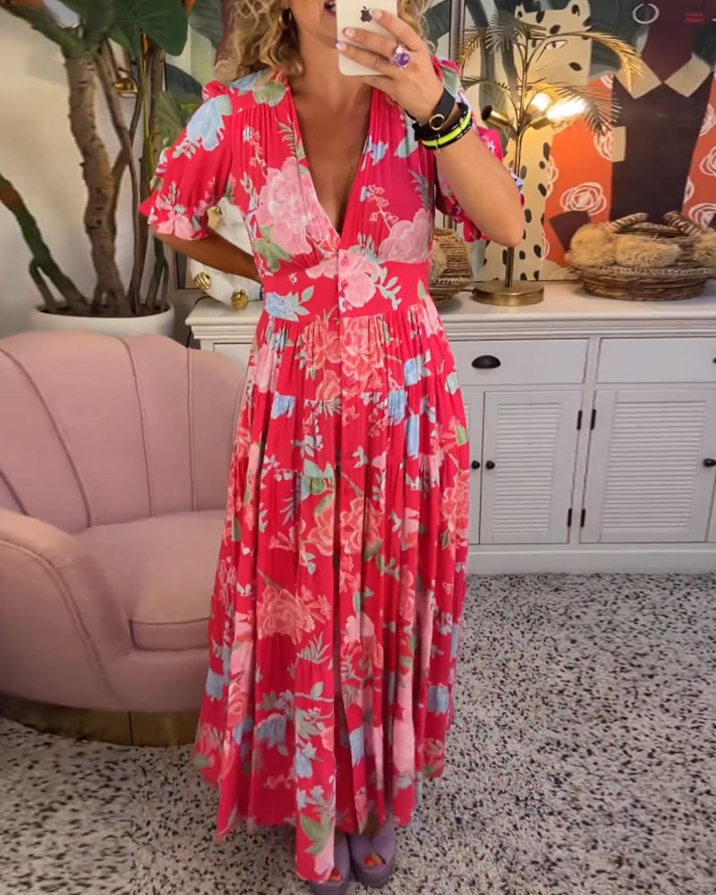 Femme Robe Maxi Florale à Col en V et Manches Bouffantes Courtes avec Poches