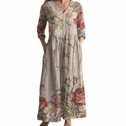 Femme Robe Maxi Florale à Col en V et Manches Trois-quarts avec Poches