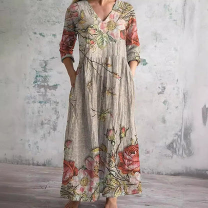Femme Robe Maxi Florale à Col en V et Manches Trois-quarts avec Poches