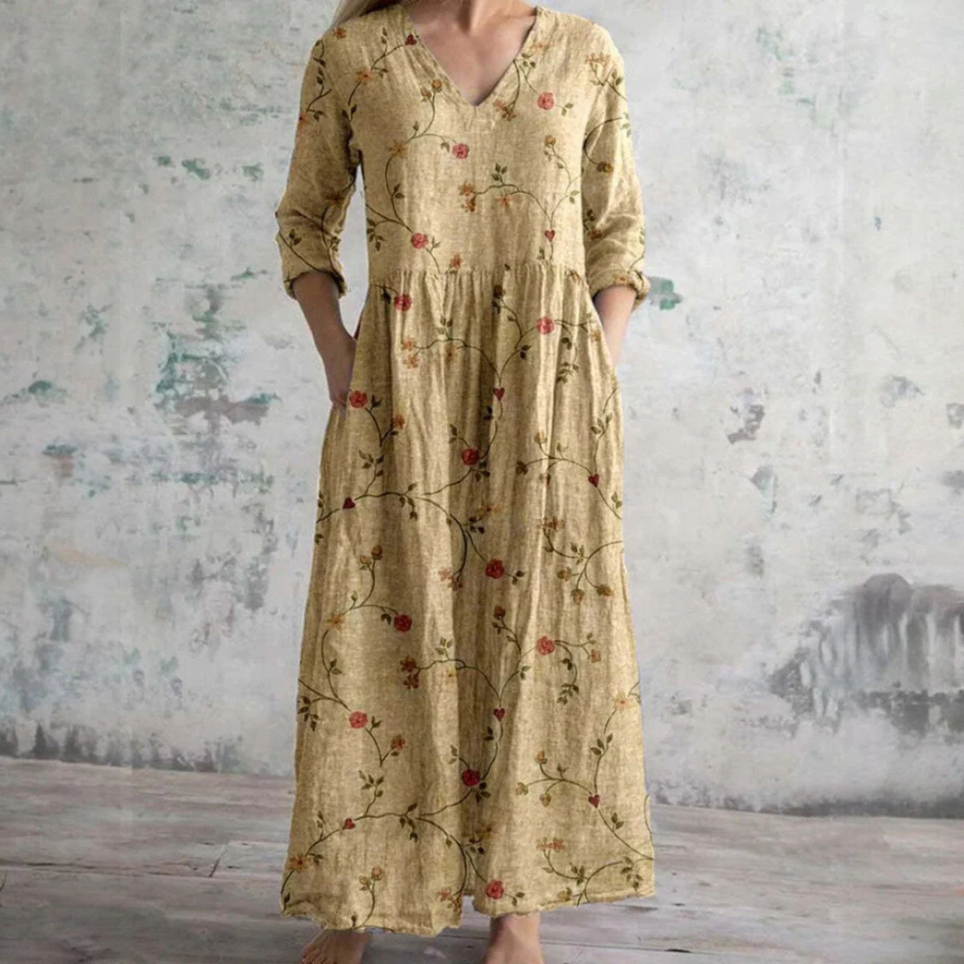 Femme Robe Maxi Florale à Col en V et Manches Trois-quarts avec Poches