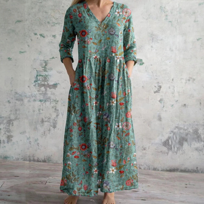 Femme Robe Maxi Florale à Col en V et Manches Trois-quarts avec Poches