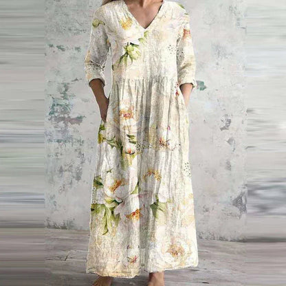 Femme Robe Maxi Florale à Col en V et Manches Trois-quarts avec Poches
