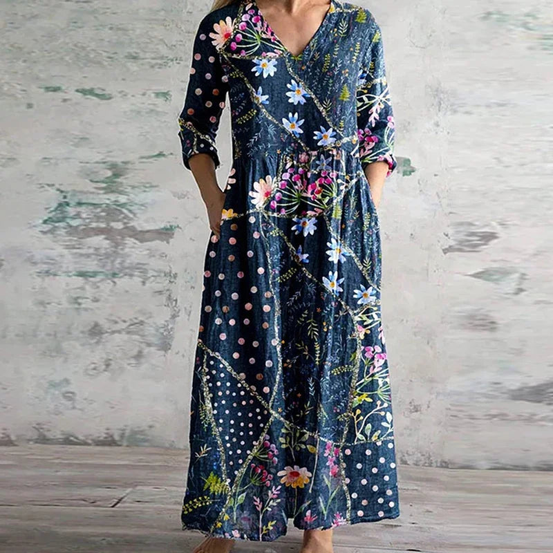 Femme Robe Maxi Florale à Col en V et Manches Trois-quarts avec Poches