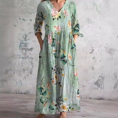 Femme Robe Maxi Florale à Col en V et Manches Trois-quarts avec Poches