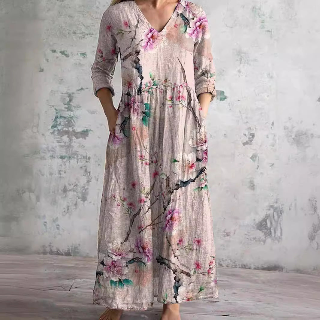 Femme Robe Maxi Florale à Col en V et Manches Trois-quarts avec Poches