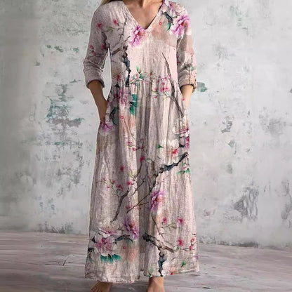 Femme Robe Maxi Florale à Col en V et Manches Trois-quarts avec Poches