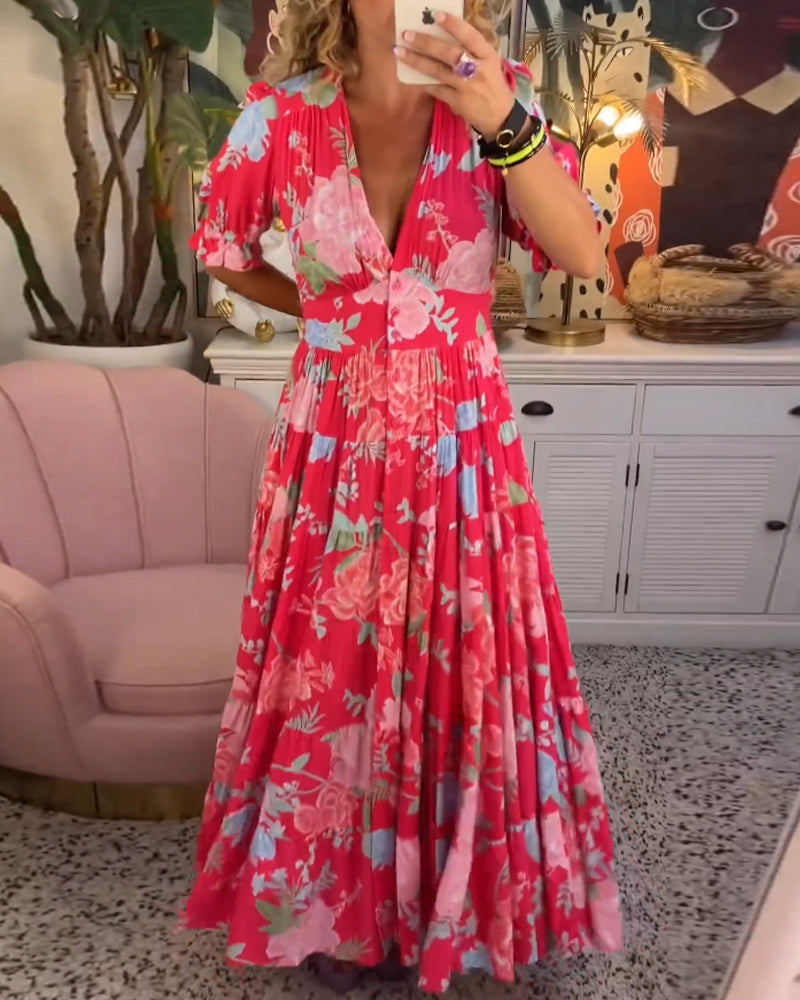 Femme Robe Maxi Florale à Col V Profond et Jupe Évasée en A