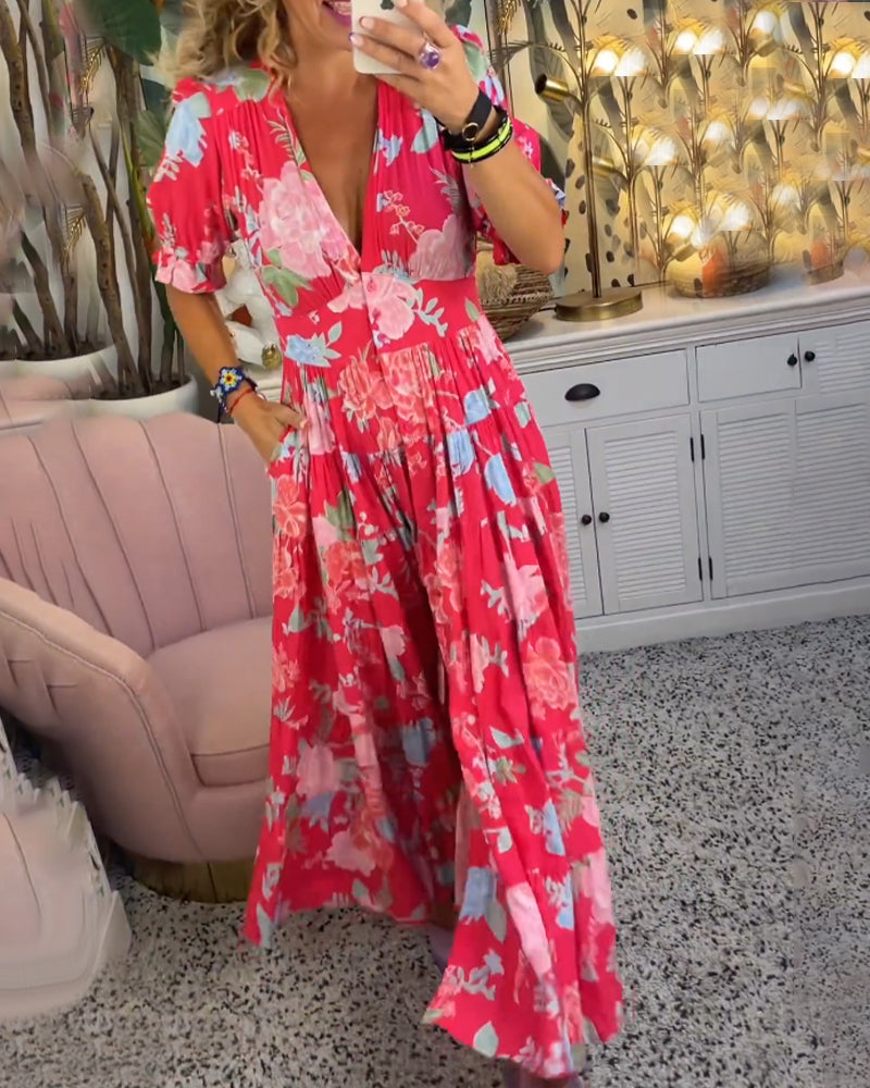 Femme Robe Maxi Florale à Col V Profond et Jupe Évasée en A