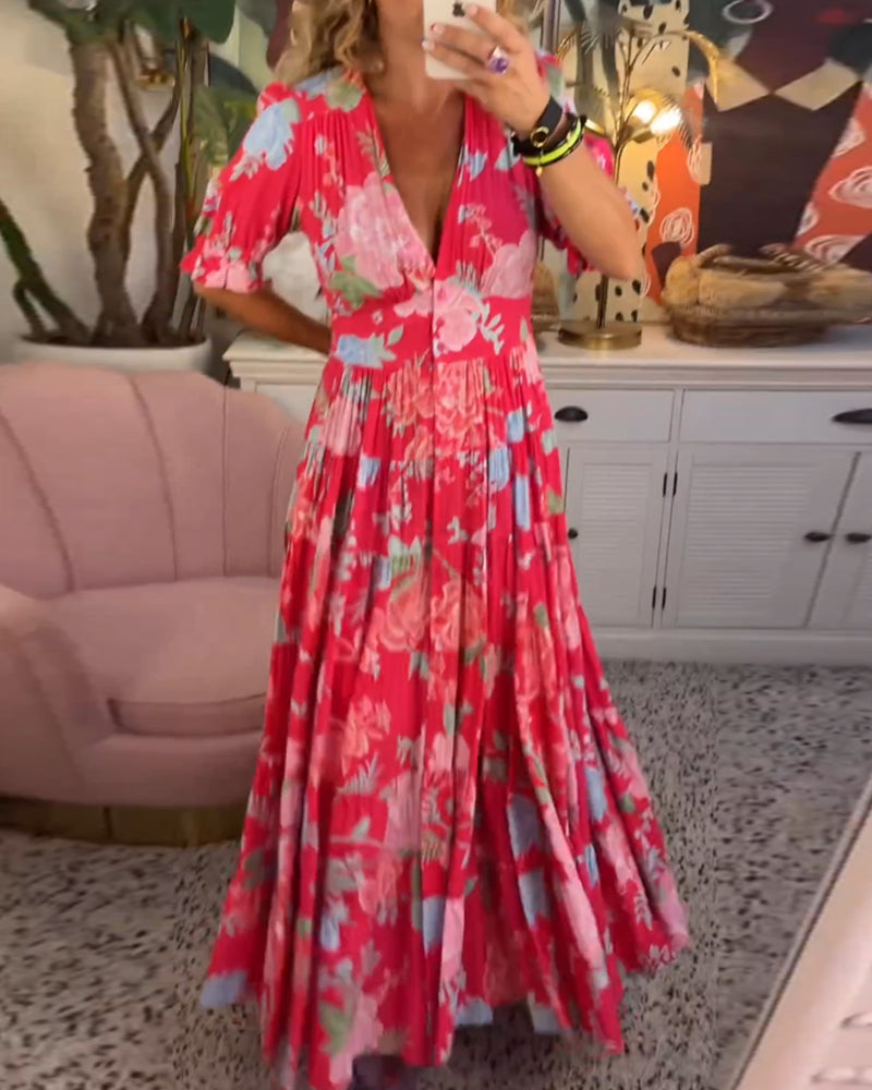 Femme Robe Maxi Florale à Col V Profond et Jupe Évasée en A