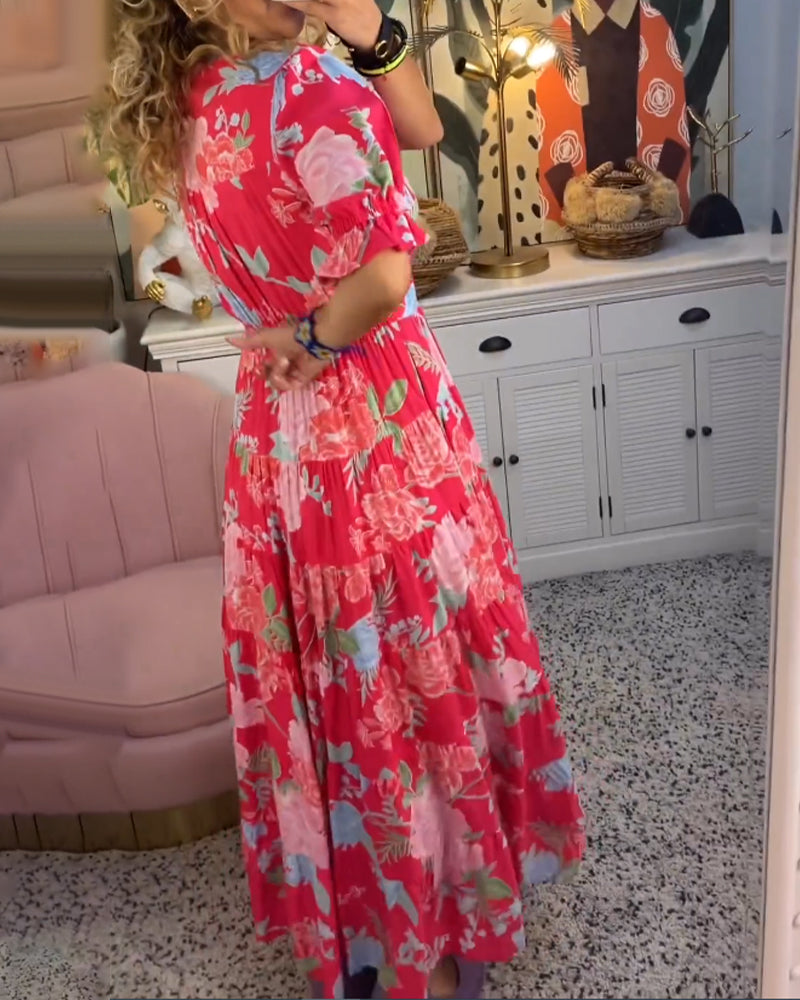 Femme Robe Maxi Florale à Col V Profond et Jupe Évasée en A