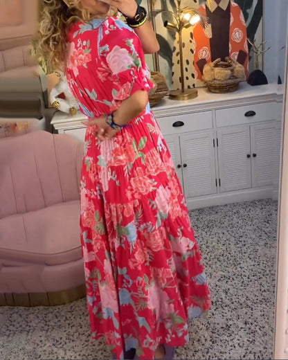 Femme Robe Maxi Florale à Col V Profond et Jupe Évasée en A