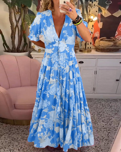 Femme Robe Maxi Florale à Col V Profond et Jupe Évasée en A