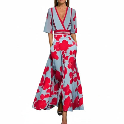 Femme Robe Maxi Florale col V Profond Manches Courtes Ligne A avec Poches