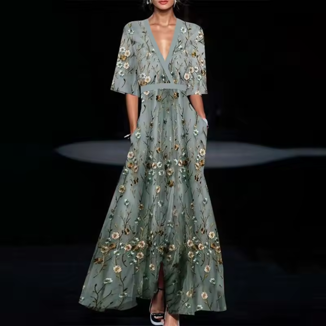 Femme Robe Maxi Florale col V Profond Manches Courtes Ligne A avec Poches