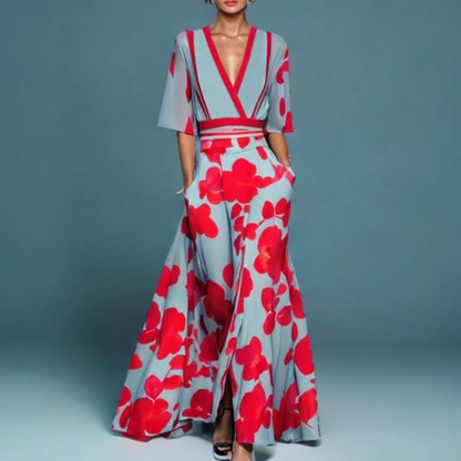 Femme Robe Maxi Florale col V Profond Manches Courtes Ligne A avec Poches