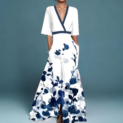 Femme Robe Maxi Florale col V Profond Manches Courtes Ligne A avec Poches
