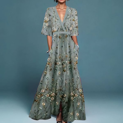 Femme Robe Maxi Florale col V Profond Manches Courtes Ligne A avec Poches