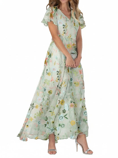 Femme Robe Maxi Florale Manches Courtes avec Col en V et Coupe Évasée