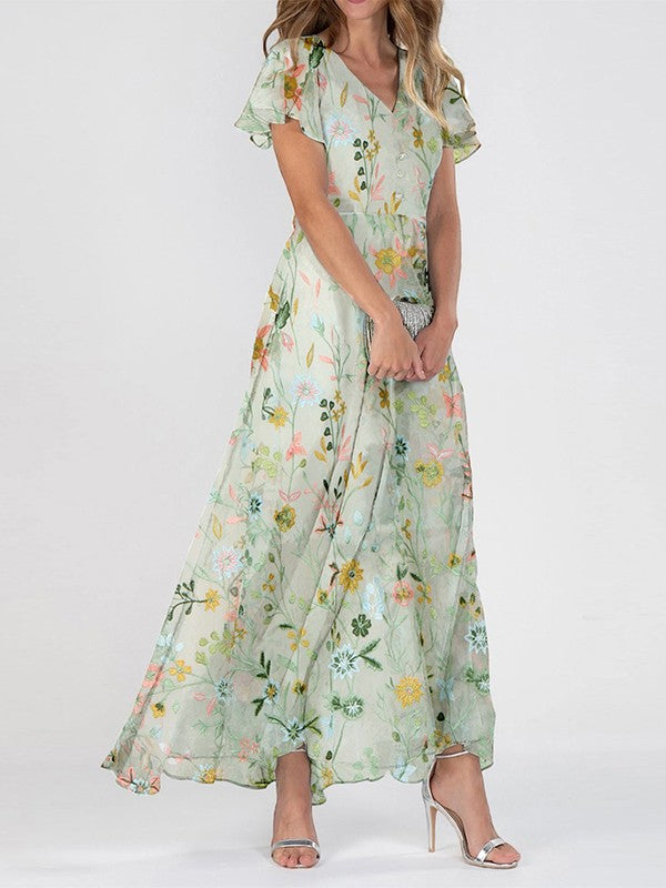 Femme Robe Maxi Florale Manches Courtes avec Col en V et Coupe Évasée